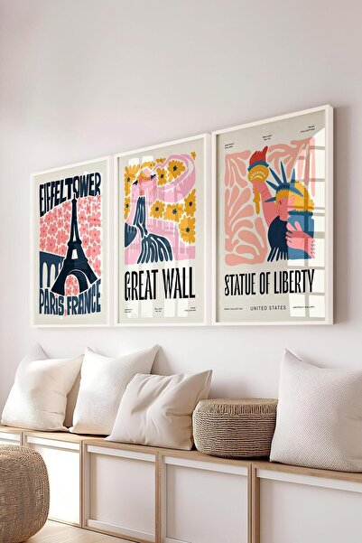 Postifull Pembe Minimaslit Tablo Seti, 3 Adet Beyaz Çerçeve ve Gezi Poster - Yatak Odası, Salon, Mutfak Dekoru