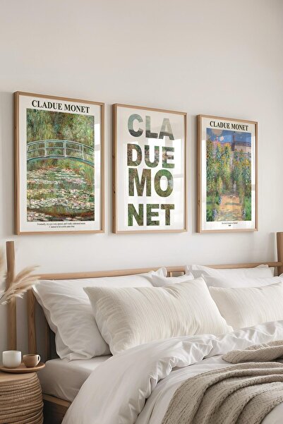 Postifull Monet Tablo Seti, 3 Adet Ahşap Çerçeve ve Sanat Serisi Poster - Yatak Odası, Mutfak, Salon Dekoru