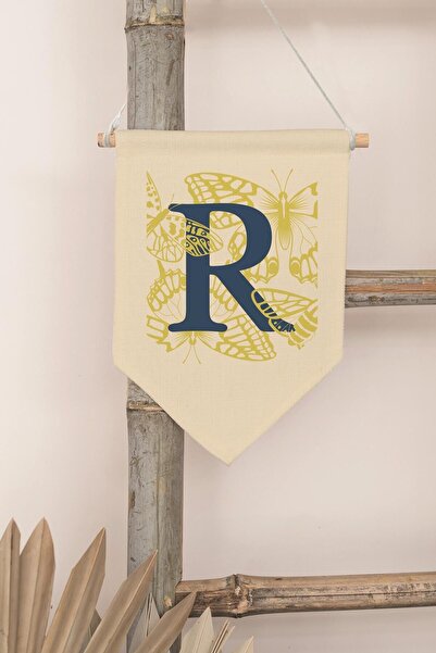 Postifull Kids Room Decor, Wall Ornament, Wooden Baby Room Decor, Canvas Pennant, Navy Blue and Yellow Floral Pattern