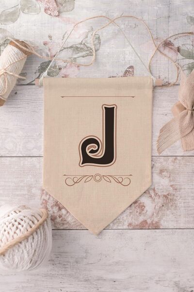 Postifull Kids Room Decor, Wall Ornament, Wooden Baby Room Decor, Canvas Pennant, Brown Letter J