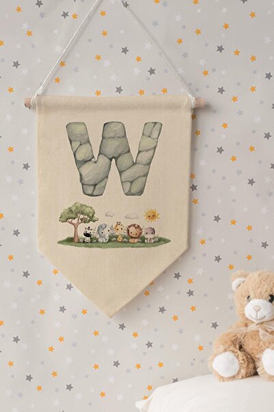 Postifull Kids Room Decor, Wall Ornament, Wooden Baby Room Decor, Canvas Pennant, Safari and Animal Letter W