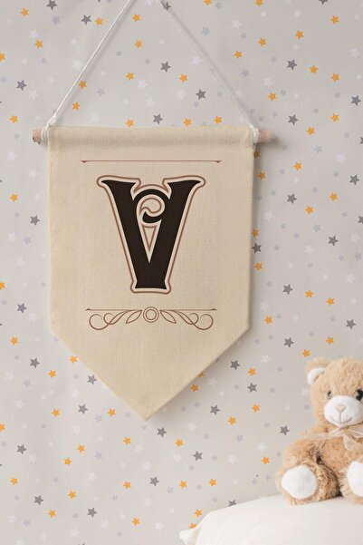 Postifull Kids Room Decor, Wall Ornament, Wooden Baby Room Decor, Canvas Pennant, Brown Letter V