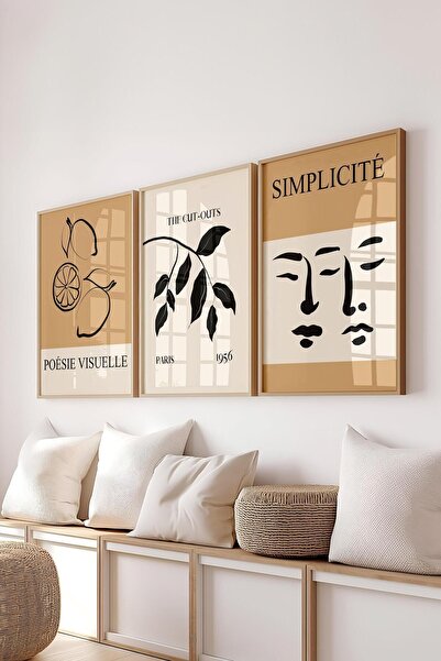 Postifull Kahverengi Minimalist Tablo Seti, 3 Adet Ahşap Çerçeve ve Poster - Mutfak, Salon, Yatak Odası Dekoru