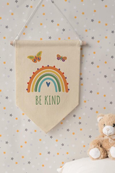 Postifull Çocuk Odası Dekor, Duvar Süsü, Ahşap Bebek Odası Dekor, Canvas Flama, Be Kind - Renkli