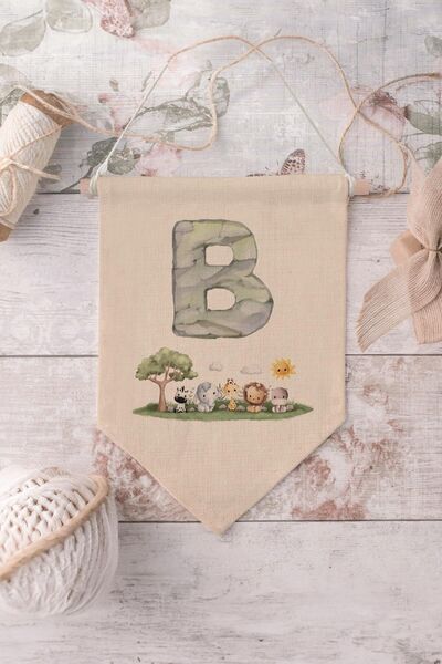 Postifull Kids Room Decor, Wall Ornament, Wooden Baby Room Decor, Canvas Pennant, Safari and Animal Letter B