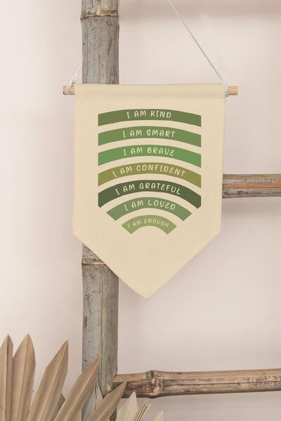 Postifull Decor pentru camera copiilor, ornament de perete, decor din lemn pentru camera bebelusului, streamer din panza, I Am Kind I Am Smart - verde