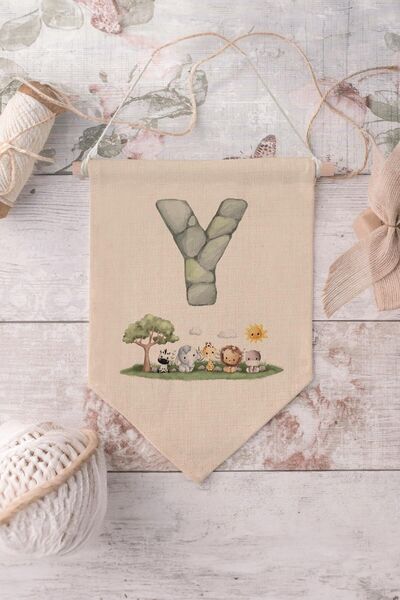 Postifull Kids Room Decor, Wall Ornament, Wooden Baby Room Decor, Canvas Pennant, Safari and Animal Letter Y