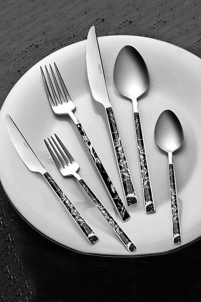 Nehir Tulip Silver Black Marble 36 Piece Cutlery Set