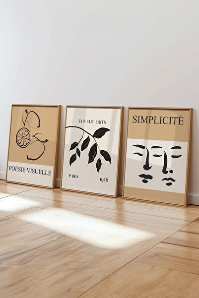 Postifull Kahverengi Minimalist Tablo Seti, 3 Adet Ahşap Çerçeve ve Poster - Mutfak, Salon, Yatak Odası Dekoru
