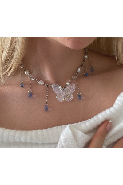 bettymettys Blue Butterfly's Tears y2k Fairycore Tasarım Kolye