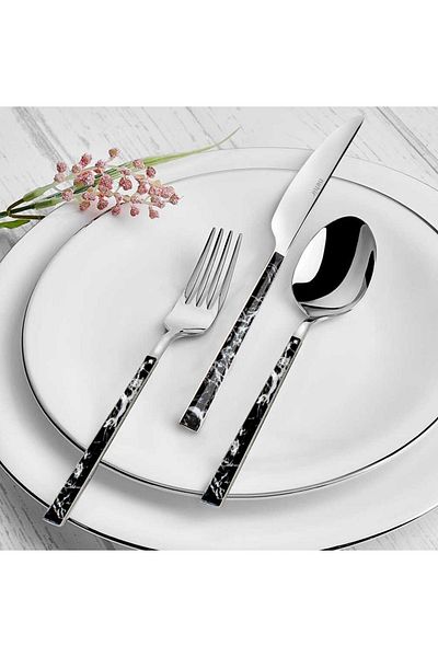 Nehir Tulip Silver Black Marble 36 Piece Cutlery Set