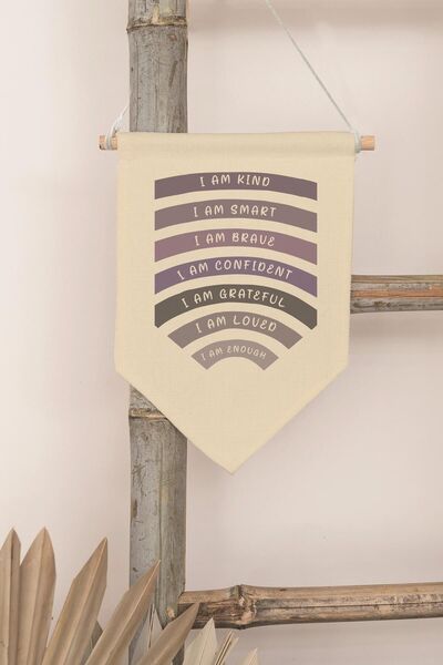 Postifull Decor pentru camera copiilor, ornament de perete, decor din lemn pentru camera bebelusului, streamer din panza, I Am Kind I Am Smart - violet