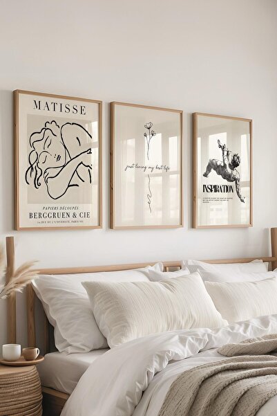 Postifull Bej Modern Tablo Seti, 3 Adet Ahşap Çerçeve ve Poster, Motivasyon ve Matisse Duvar Dekoru