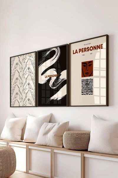 Postifull Kırmızı Vintage Tablo Seti, 3 Adet Siyah Çerçeve ve Poster - Yatak Odası, Salon, Mutfak Dekoru