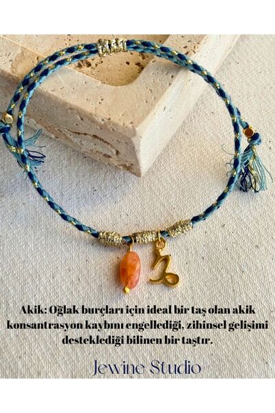 jewine studio Oğlak Burcu Simgeli Ve Oğlak Burcu Özel Akik Doğal Taşlı Ip Bil...