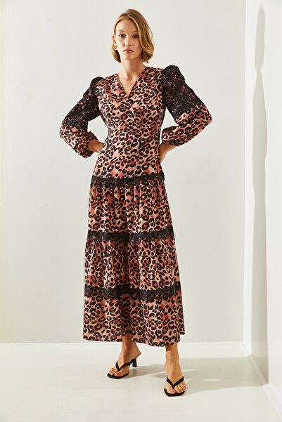 Bianco Lucci Leopard Patterned V-neck Lace Long Women'S DreSS - Back Low-cut 21760 60251716