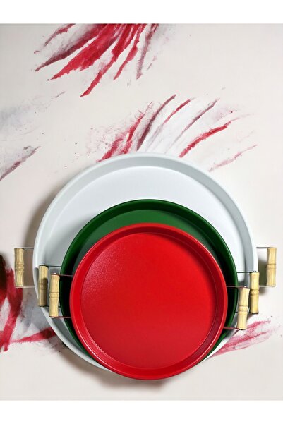 kitchen trend طقم صواني معدنية بمقابض خشبية - 3 قطع 45 أبيض، 37 أخضر، 30 أحمر