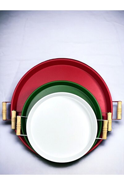 kitchen trend 3 Piece 45red, 37green, 30white Metal Tray with Wooden Handles Tea Tray Presentation Tray Set