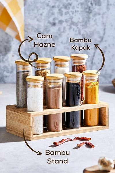 Vienev Set of 8 Bamboo Glass Spice Rack with Stand