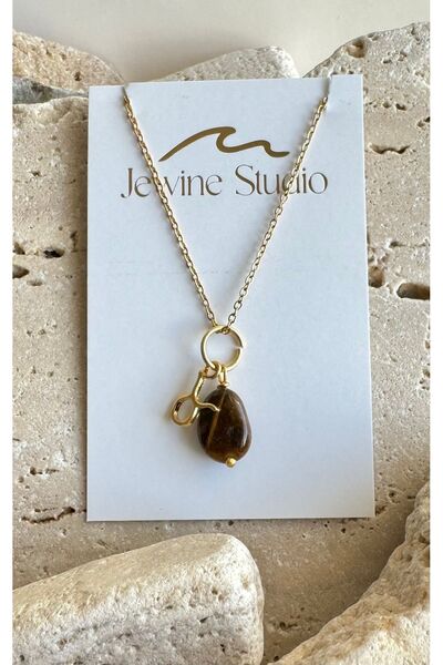 jewine studio Boğa Burcu Sembollü ve Kaplangözü Doğal Taşlı Çelik Burç Kolyesi
