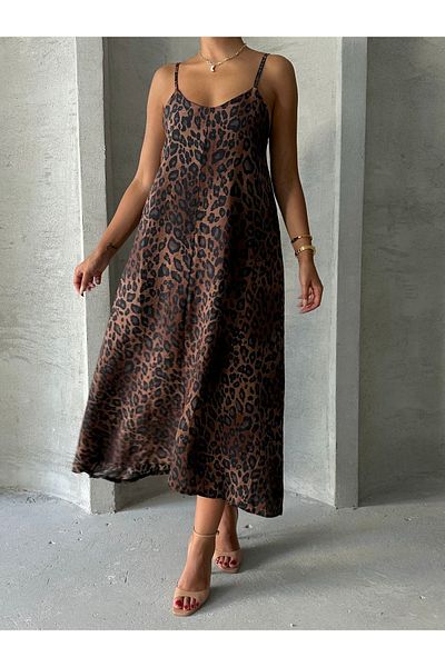 BEJNA Γυναικείο φόρεμα καφέ Leopard Print - Πλεκτό σε Χαλαρή Εφαρμογή