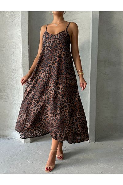 BEJNA Γυναικείο φόρεμα καφέ Leopard Print - Πλεκτό σε Χαλαρή Εφαρμογή