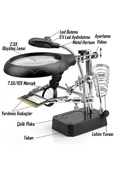 TLS Robotik Değiştirilebilir Mercekli LED Işıklı Büyüteçli Lehim Tamir Havya Standı - MG16129-C