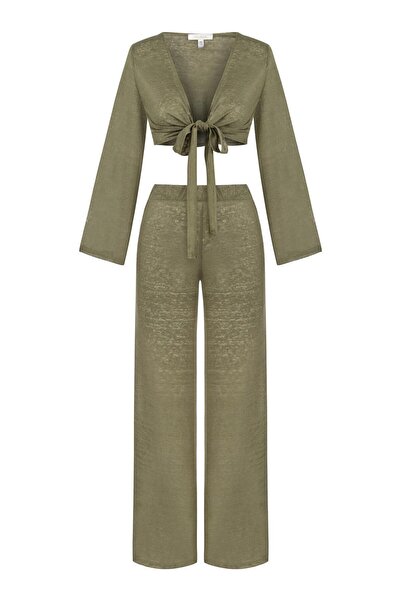 AQUELLA Crop Top-Pantolon Haki İkili Takım