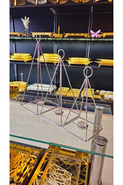 farklı evim Dekoratif 3'lü Set Piramit Ferforje Kafes Fener Şamdan Mumluk Aksesuar Altın - Gümüş - Siyah