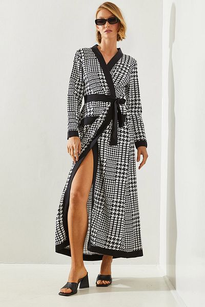 Bianco Lucci Dámské kimono s dlouhým vzorem – s páskem, se vzorem Houndstooth 20447 60251749