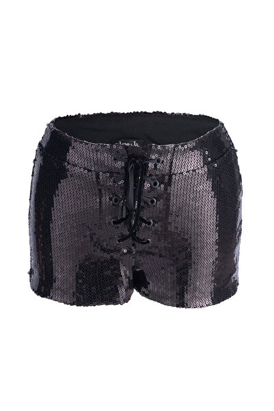 LorraJo Mini Şort Parıltılı Siyah Payetli , Kuşgözü Detaylı - Bağcıklı Ve Cesur Tasarım