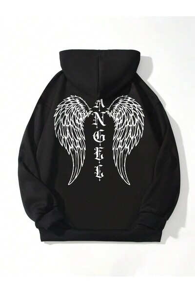 MODARİCH Черен суитшърт с качулка и щампа на ангелски крила