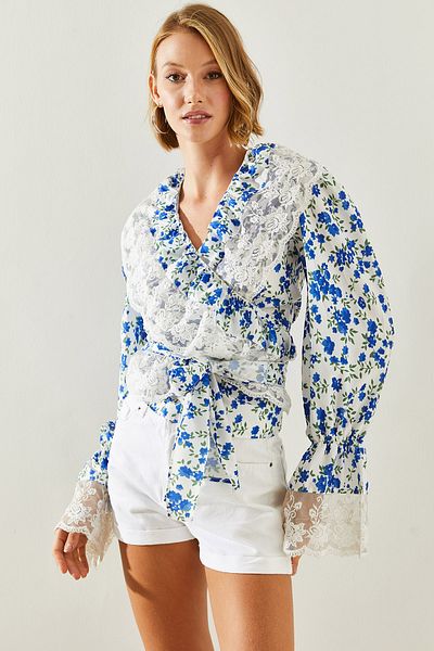 Bianco Lucci Bluză de damă cu model floral - Detaliu scoici, legată 21200 60251745