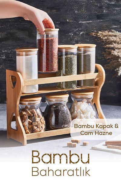Vienev 7-piece Bamboo Glass Spice Rack Stand Set
