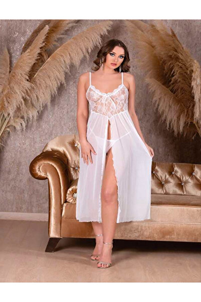 secret night beyaz gecelik takımı kadın iç giyim tüllü dantelli gecelik takımı