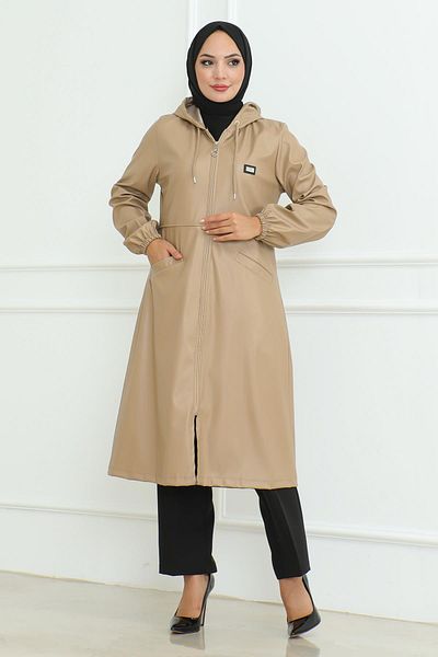 Modamihram Beige Cap - Leather Detailed, Model 19213