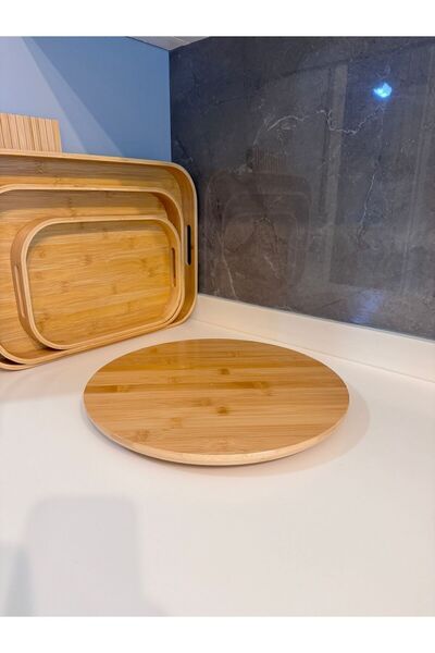 Janset Bamboo Rotating Presentation Holder 36 cm 2 Pieces Cheese Plate Pizza Presentation Presentation Tray Sauce Bowl