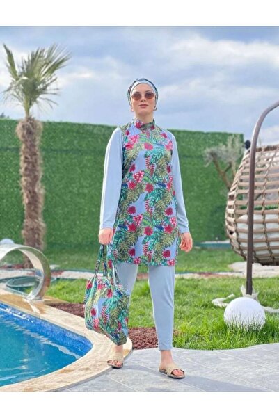 Camelya Fashion Çiçek Desenli Tam Kapalı Tesettür Mayo