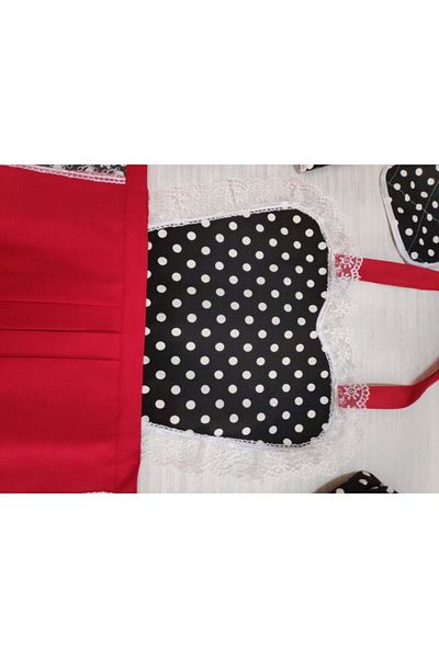 MoT Dekor Mother Girl Kitchen Apron Holder Gloves Bonnet Red Black Polka Dot Set Princess Series