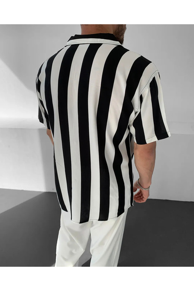 NO1 KONSEPT Βισκόζη κοντομάνικο μαύρο λευκό ριγέ πουκάμισο