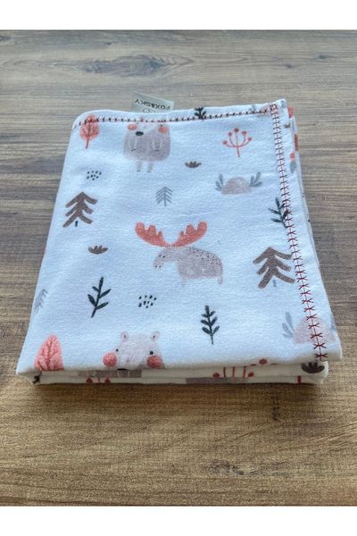 Fox&Sky 100% Organic Cotton Embroidered Baby Flannel Blanket White Brown 80X120 cm