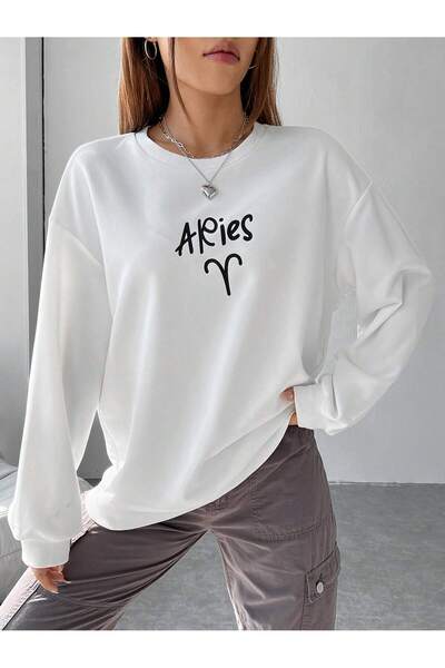 MODARİCH Hanorac alb oversize cu simbol Berbec - decolteu ridicat