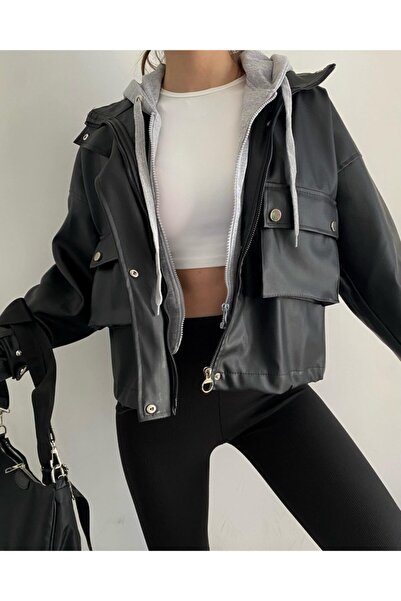 ZF BUTİK Δερμάτινο μπουφάν σε γκρι χρώμα με κουκούλα