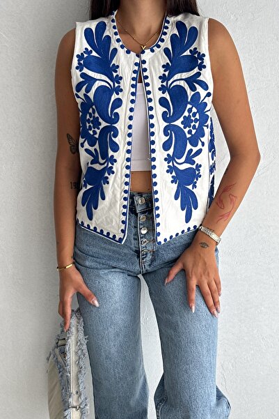 FEMELLE Темно-синій вишитий лляний жіночий жилет спеціального дизайну