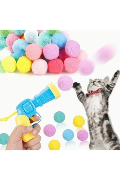 Eğlenceli Kedi Oyuncağı: Pompon Atıcı Set, 20 Adet Peluş Top ve 1 Atıcı