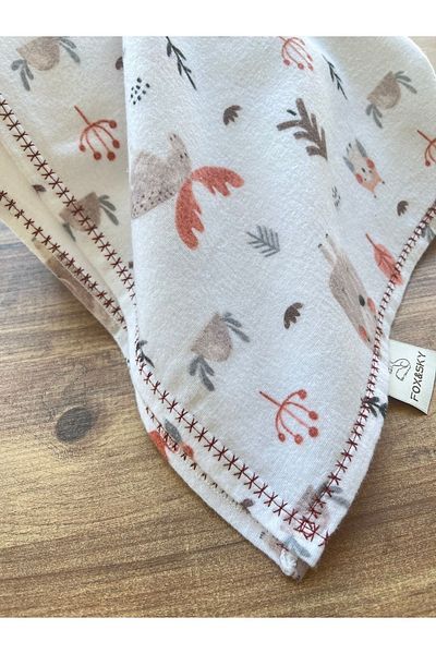 Fox&Sky 100% Organic Cotton Embroidered Baby Flannel Blanket White Brown 80X120 cm