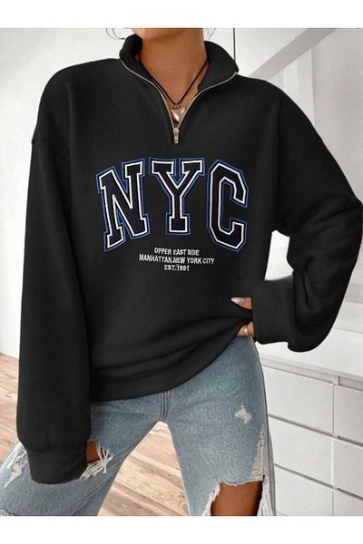 DEZZİİ Черен суичър с цип и яка с щампа Nyc
