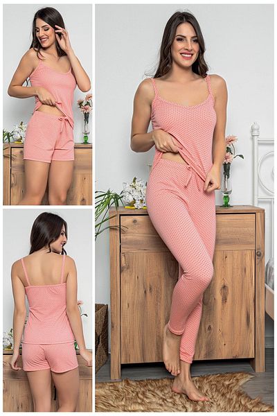 MyBen Women's Pink Colored Polka Dot Pajama Set with Shorts and Tights Set of 3 75005