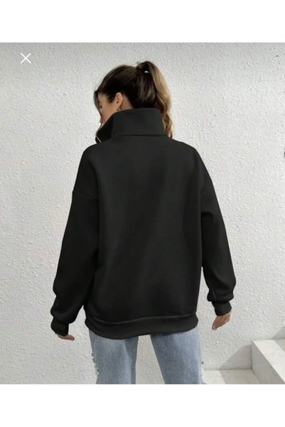 DEZZİİ Black Stand Collar Nyc Printed Zippered Sweatshirt