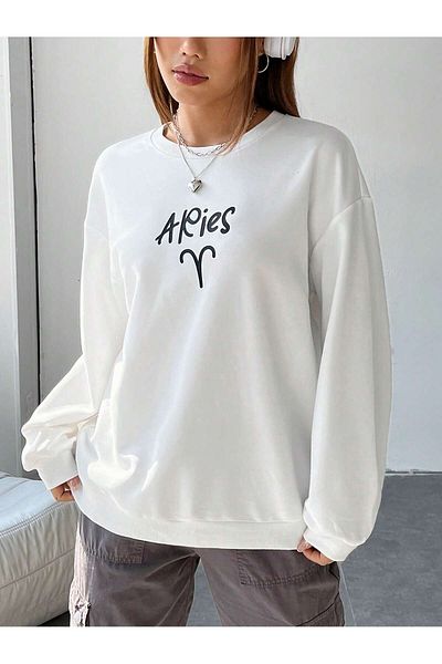MODARİCH Hanorac alb oversize cu simbol Berbec - decolteu ridicat